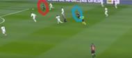 Messi (circled blue) drops into the midfield, Rakitic (circled red) moves forward and plays as an auxiliary second striker; The move results in a goal and it is Arthur's deep position enables Rakitic to maraud forward